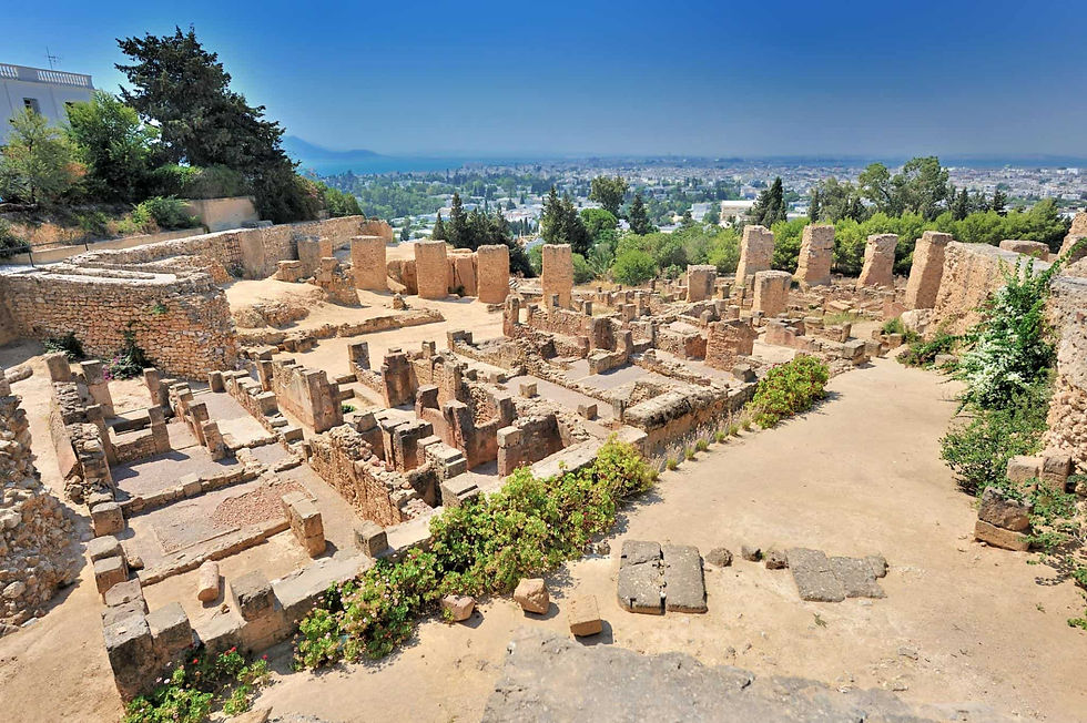Ancient ruins of Carthage overlooking the modern city and Mediterranean coast in Tunisia