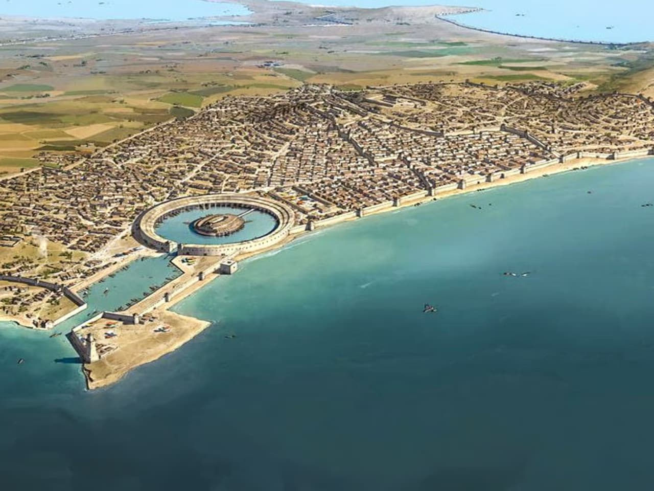 Reconstruction of ancient Carthage on the North African coast with its circular Punic harbour