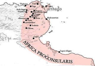 Map of Africa Proconsularis centered on present-day Tunisia, showing Carthage and other ancient settlements.