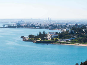 Mediterranean coastline of Tunisia with a ship crossing between regions, illustrating trade flow and strategic positioning between Europe, Africa, and the Arab world