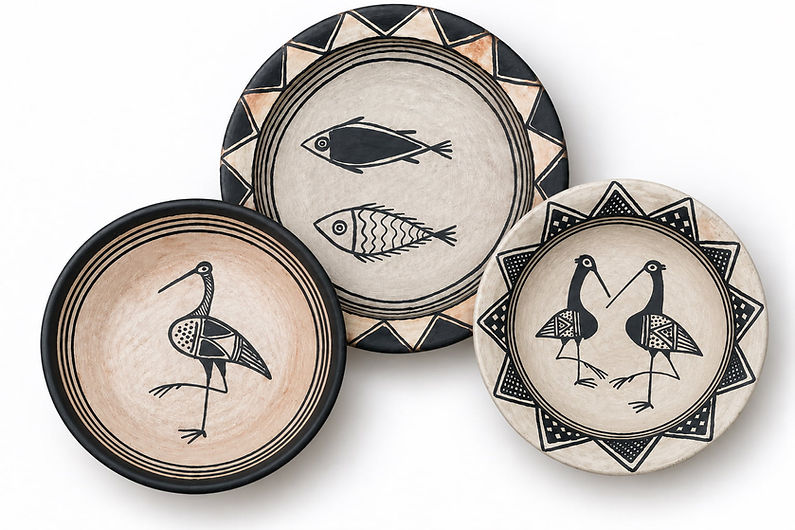 Hout Plate, Storka Bowl, and Zerka Plate by Chmissa, decorated with black fish, long-legged birds, and geometric borders.