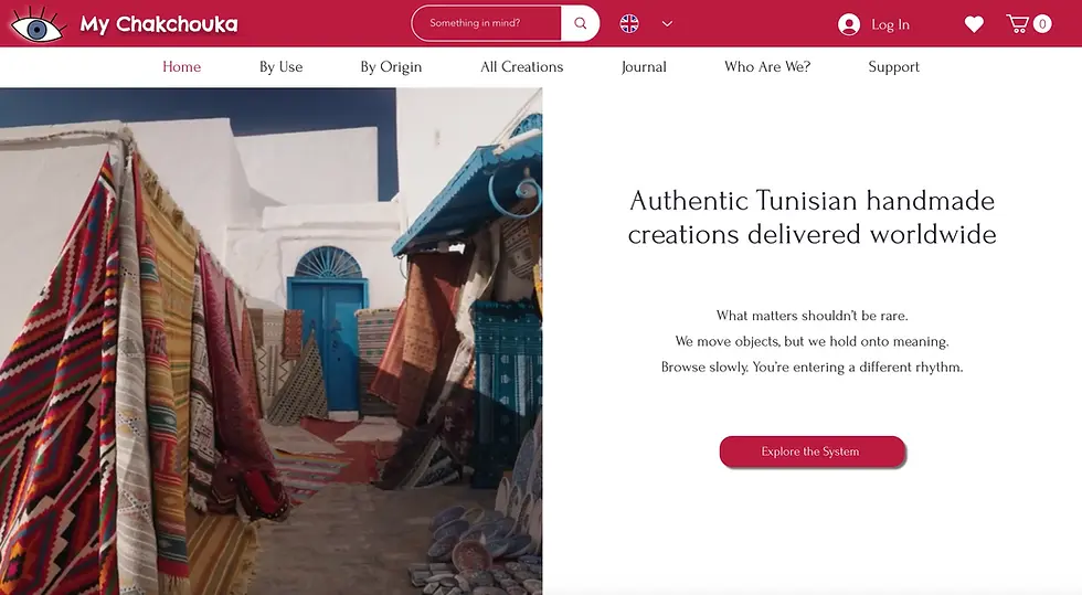 Screenshot of the MyChakchouka homepage, showing Tunisian rugs, ceramics, and a blue door in natural light.