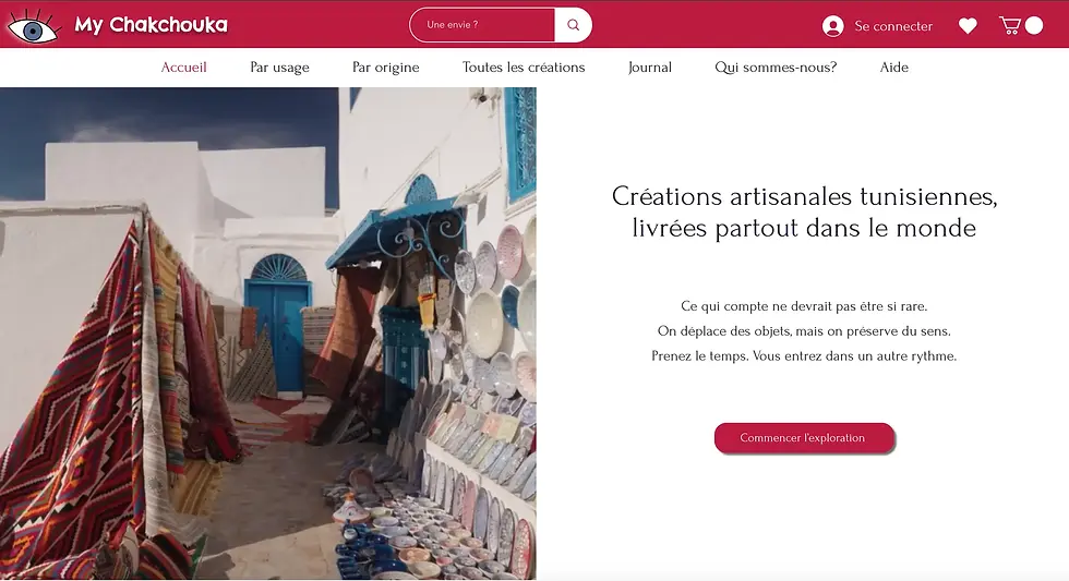 Screenshot of the MyChakchouka homepage, showing Tunisian rugs, ceramics, and a blue door in natural light.