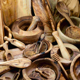 Traditional Tunisian olive wood utensils and kitchen tools carved from dense olive hardwood