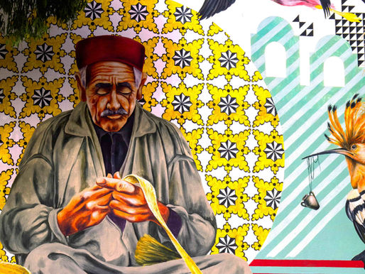 Colorful Tunisian mural of an elderly man weaving baskets, surrounded by birds and geometric patterns, symbolizing heritage and dignity.