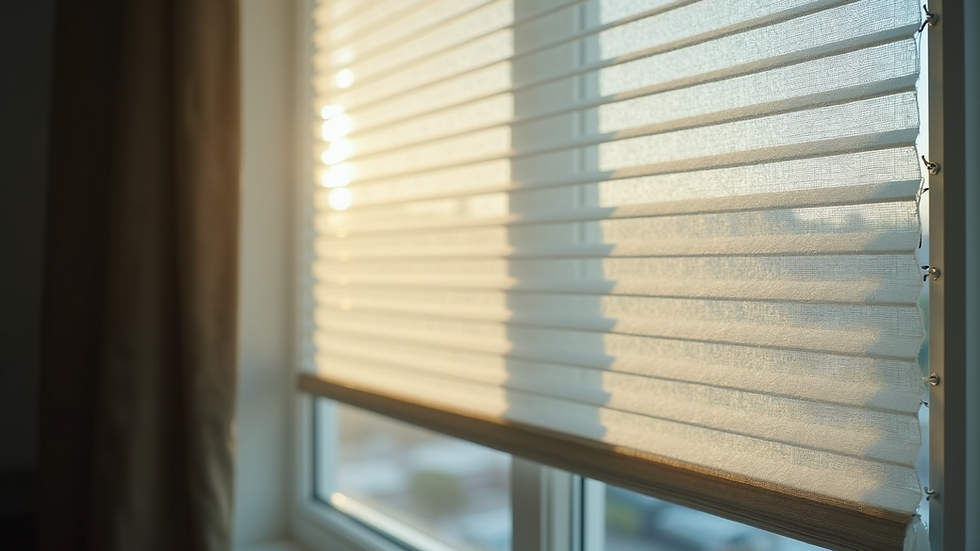 Close-up view of a window with cellular shades showing texture and light filtering