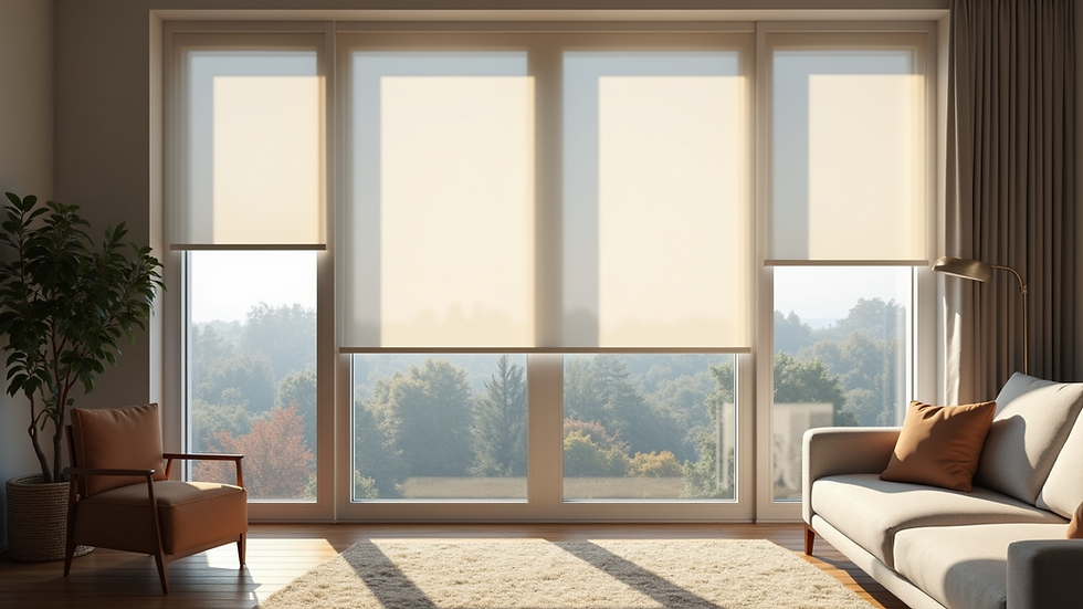 Eye-level view of modern roller blinds covering a large window in a living room