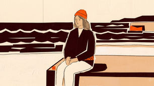 an illustration of a woman looking sad on a bench next to the sea