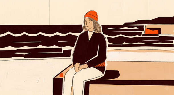 an illustration of a woman looking sad on a bench next to the sea 