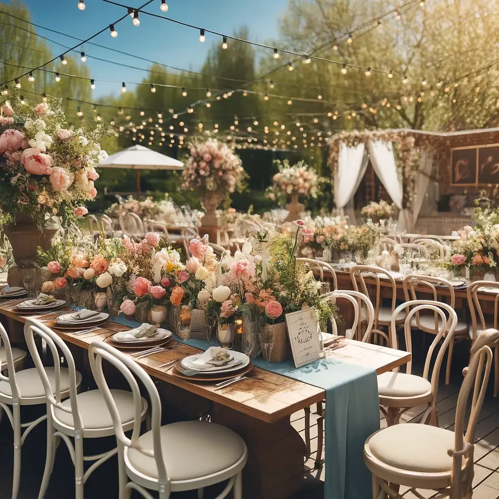 Outdoor wedding setup with wooden tables, white chairs, floral arrangements, string lights, and lush greenery. A joyful, festive mood.