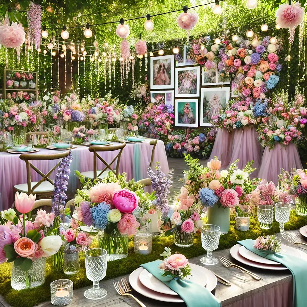 Elegant garden party with tables adorned with colorful flowers, candles, and pastel tablecloths. Hanging lights create a festive mood.