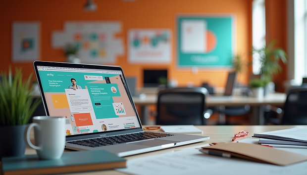 Clarity and Positioning, Laptop and mug on desk in colorful office.png