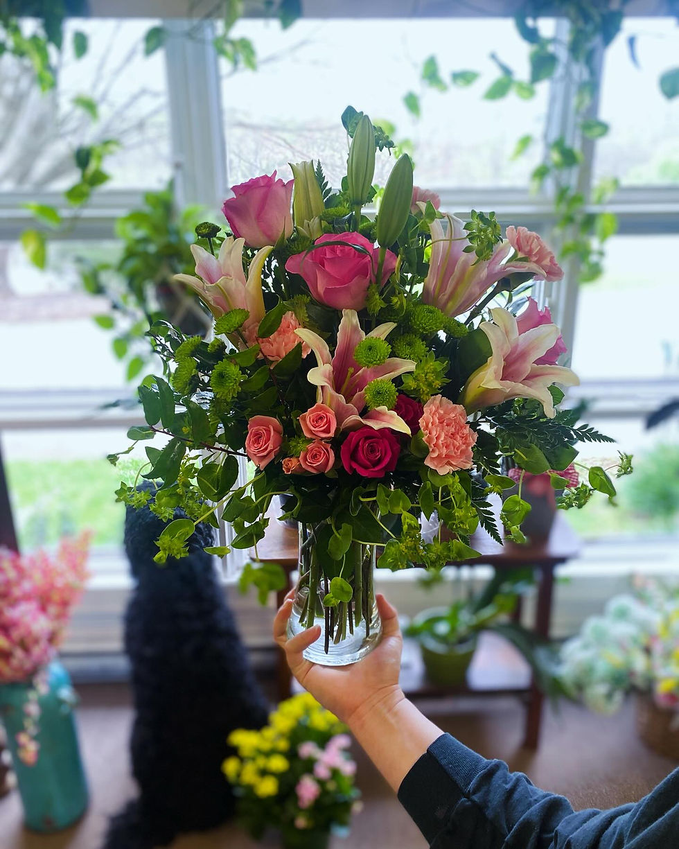 Bouquet of beautiful pink roses, carnations, and lilies from Ratledge Florist, Elkin, NC