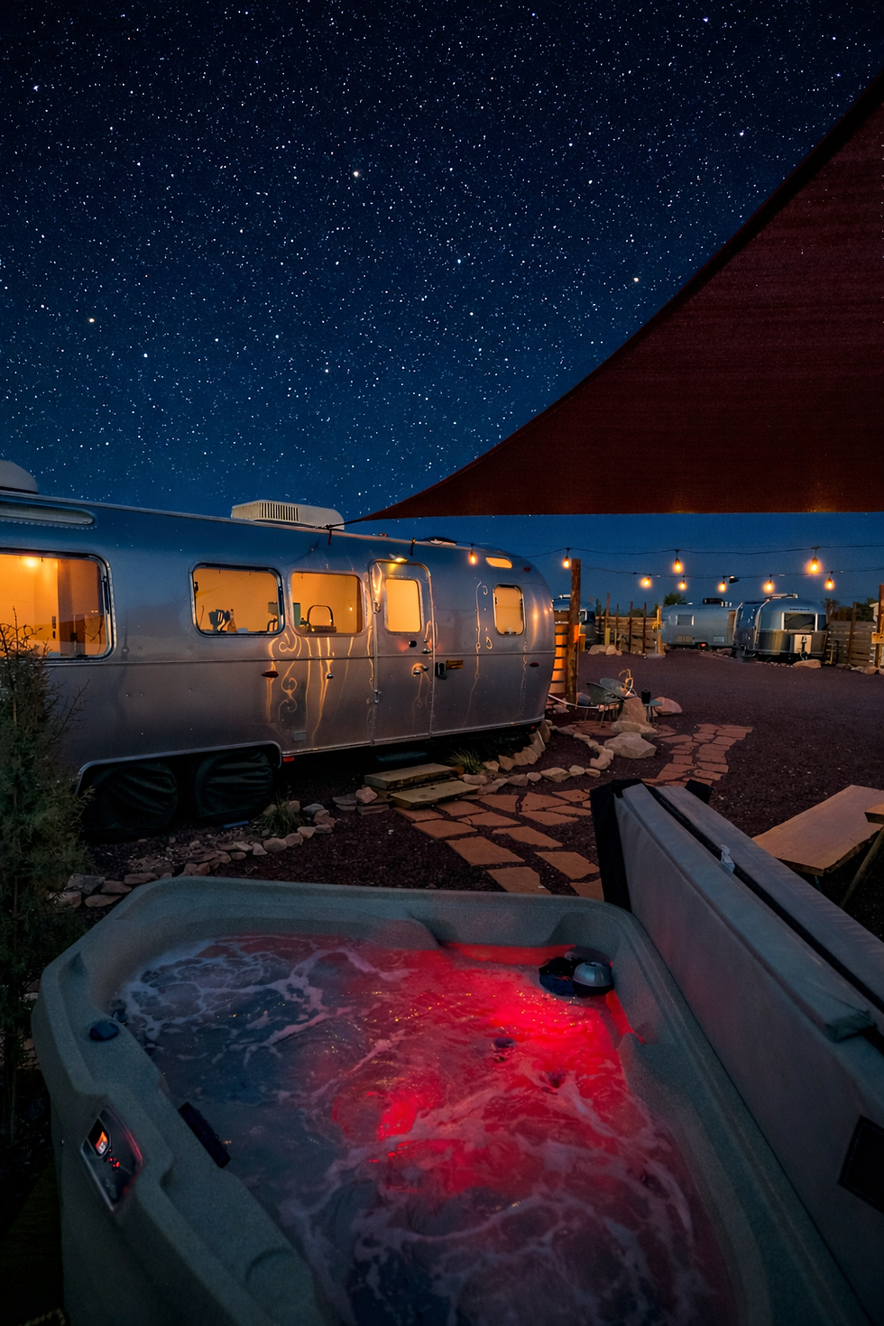 Private hot tub glowing under a starry desert sky next to a lit Airstream trailer at The Outpost Grand Canyon