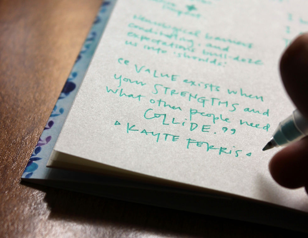 Photo: Kimberly writing a quote in her 'Little Clues" notebook- "Value exists when your strengths and what other people need collide." - Kayte Ferris