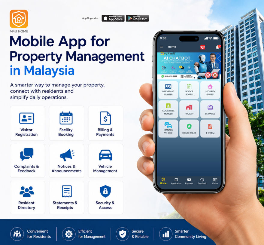 M4U Home mobile property management app in Malaysia for visitor registration, facility booking, billing, complaints, notices, and resident services.