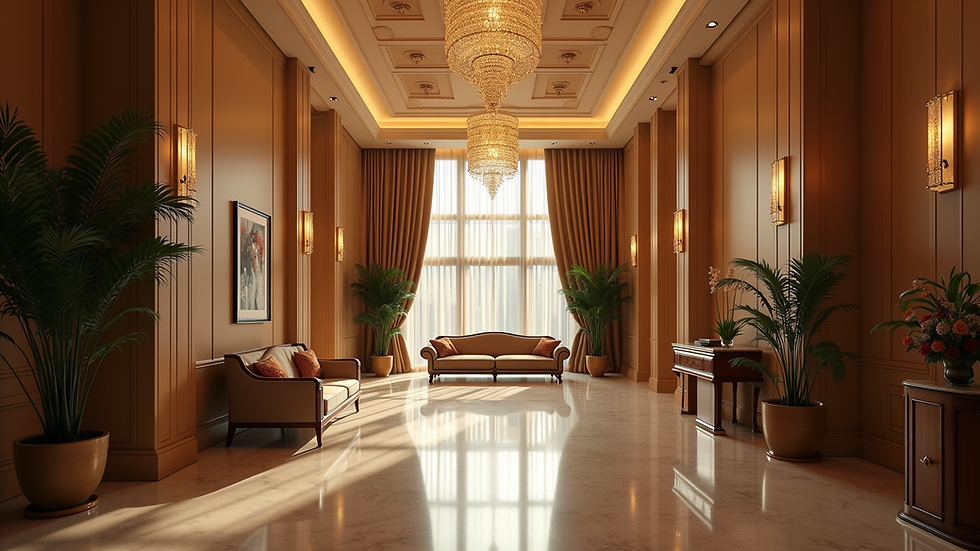Wide angle view of a luxurious hotel lobby