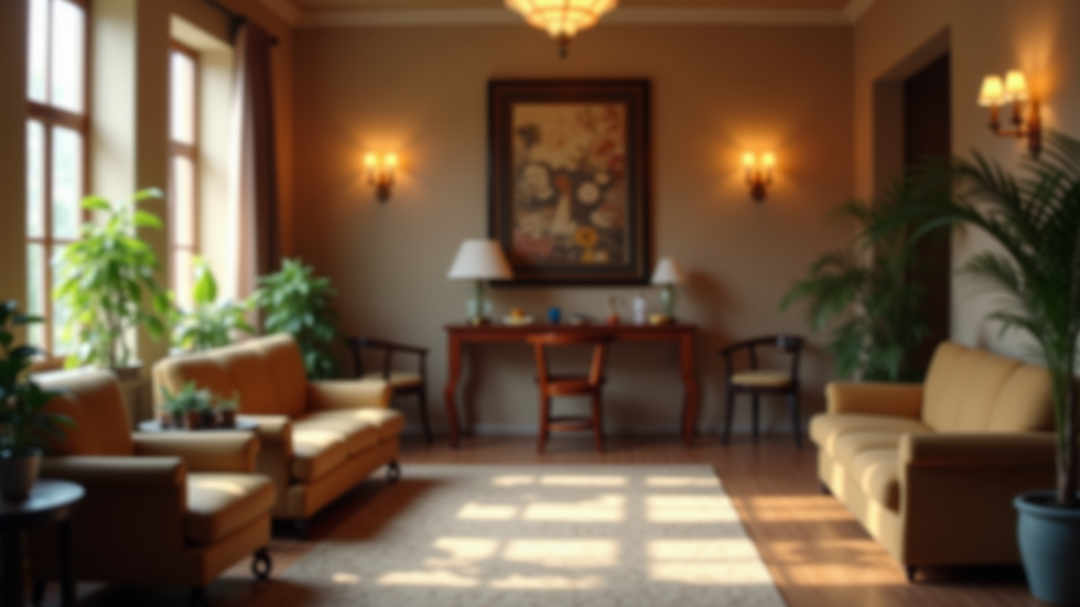 Wide angle view of a cozy hotel lobby with welcoming decor