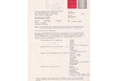 Ausstellungsbeleg zur Exhibitionen des Zentralinstitutes für Formestaltung der DDR 1964 zum 15. Jahrestag der DDR „Industrielle Formgestaltung in der DDR“ Warschau Polen und Stralsund mit Industrieformdesign Porzellan von Ellinor Symmangk.