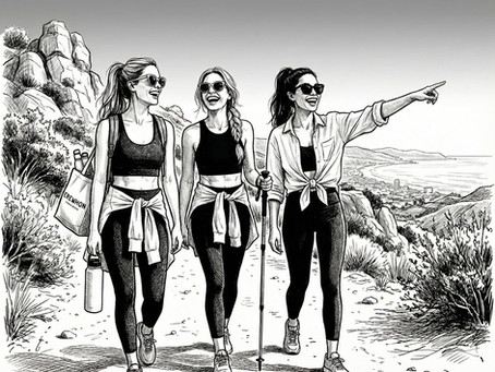 A black and white ink drawing shows three smiling women in perimenopause hiking on a coastal trail, wearing athletic gear and sunglasses. The woman on the left carries an "EREWHON" tote and a water bottle, the middle woman has a walking stick, and the woman on the right points towards the city and ocean in the distance. They are surrounded by rocks and dry brush. The style uses detailed cross-hatching.