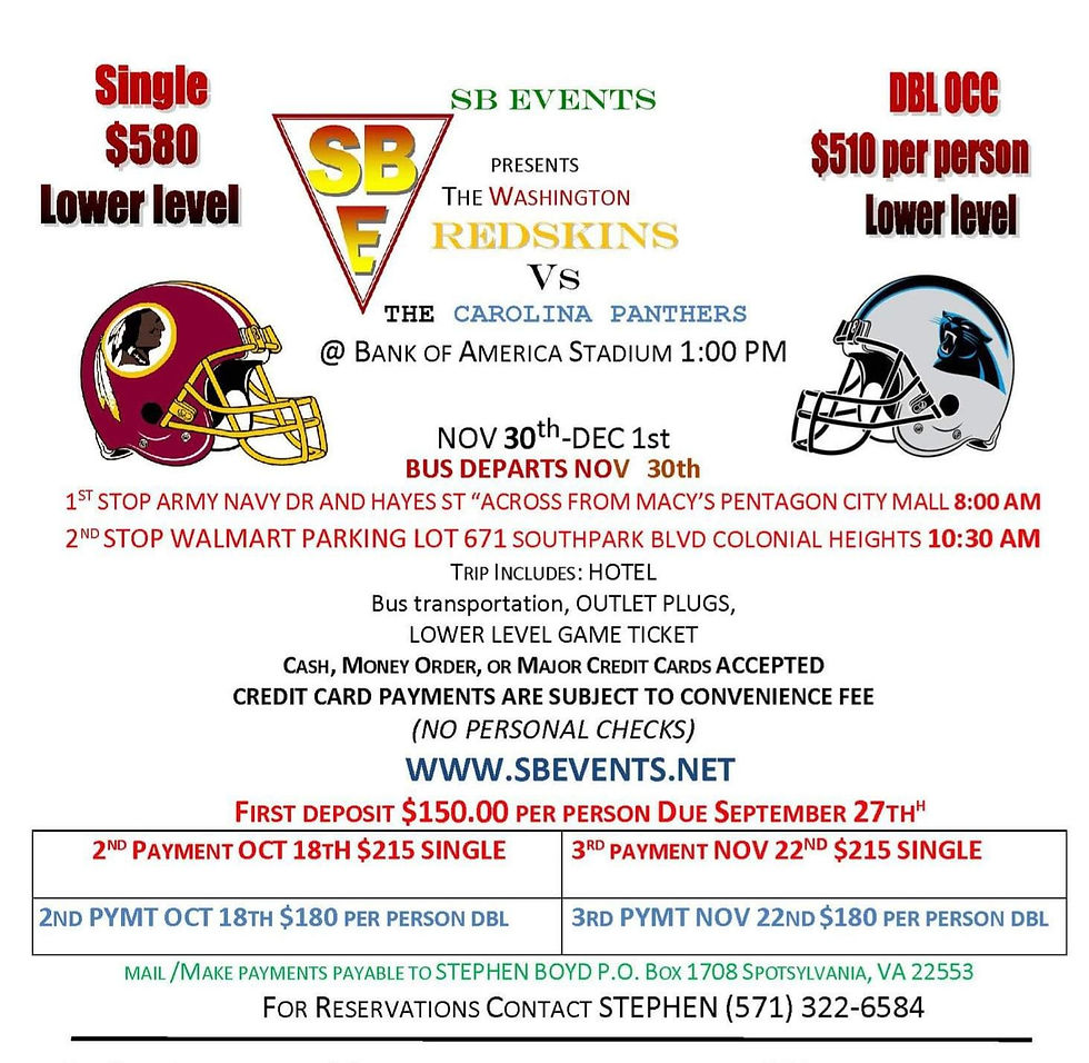 Redskins Game Day Getaway - Washington Redskins vs Panthers @ Carolina