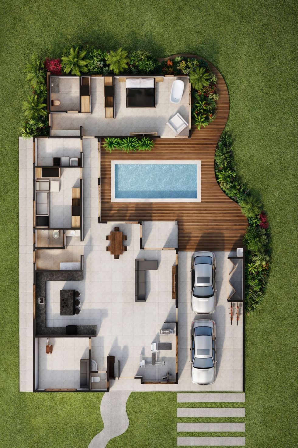 planta humanizada de uma residência unifamiliar de alto padrão com piscina, terreno amplo com vegetação e formas orgânicas.