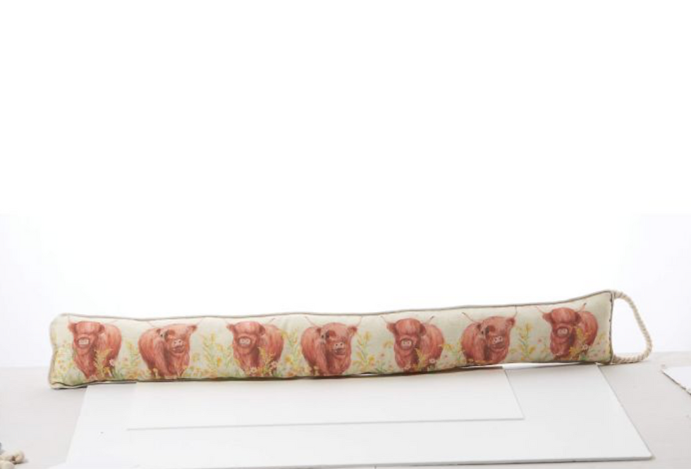 Thumbnail: HIGHLAND COW FLORAL DRAUGHT EXCLUDER PRINTED LINEN FABRIC