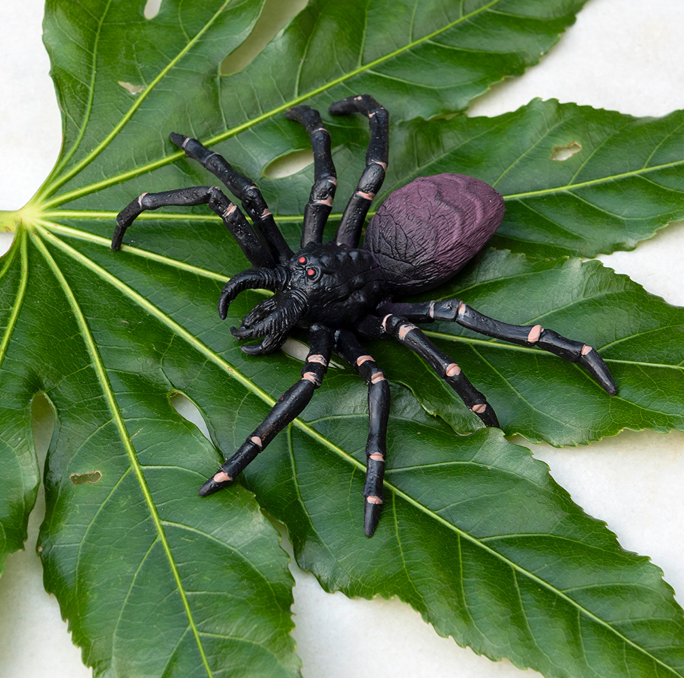 Realistic tarantula toy on a leaf
