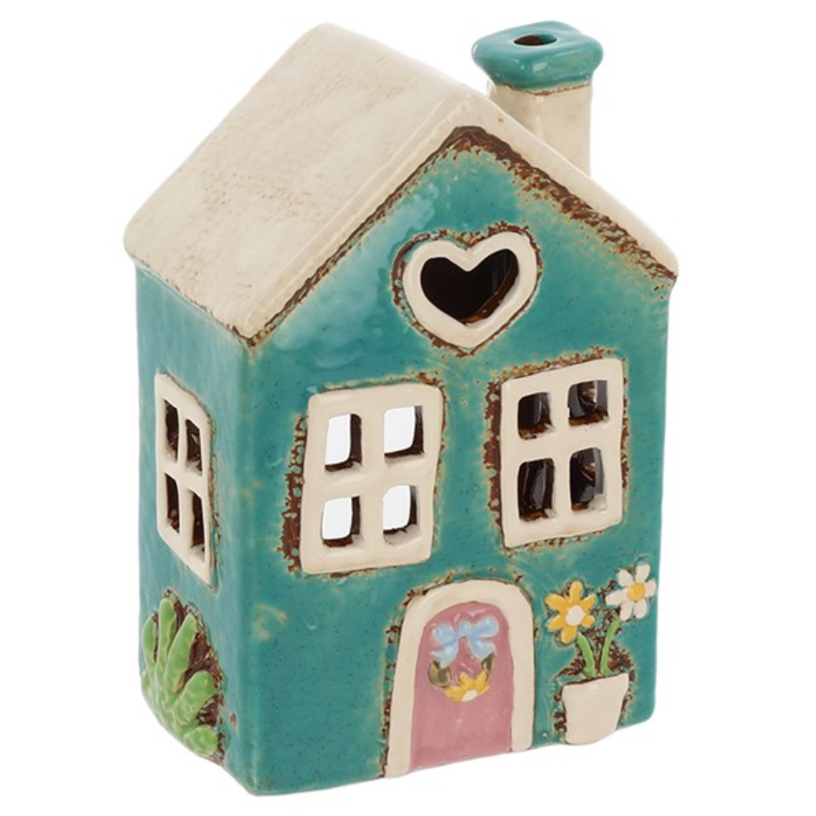 Village Pottery Garden Heart House Teal Tealight