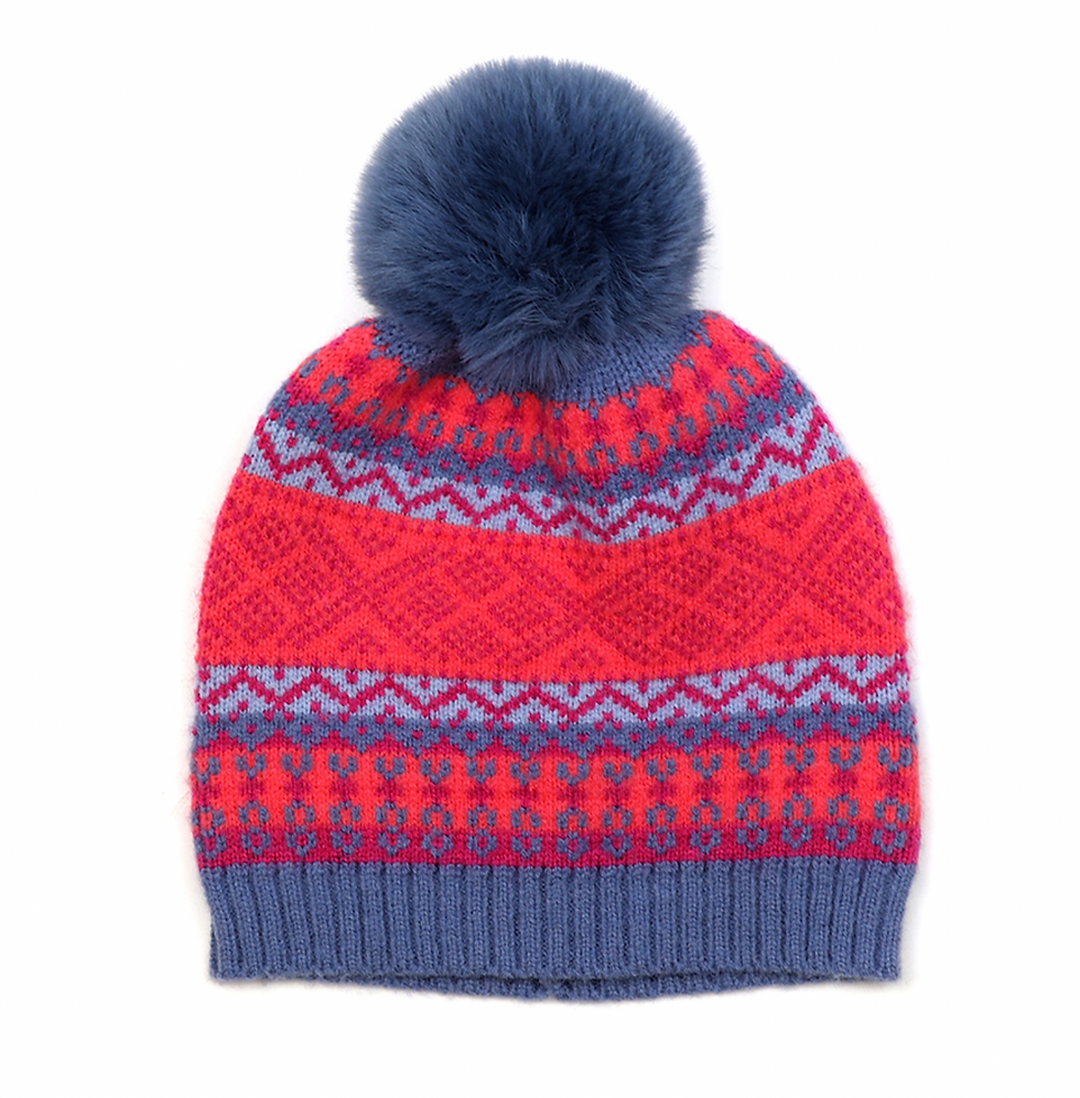 Blue and pink mix fair isle bobble hat