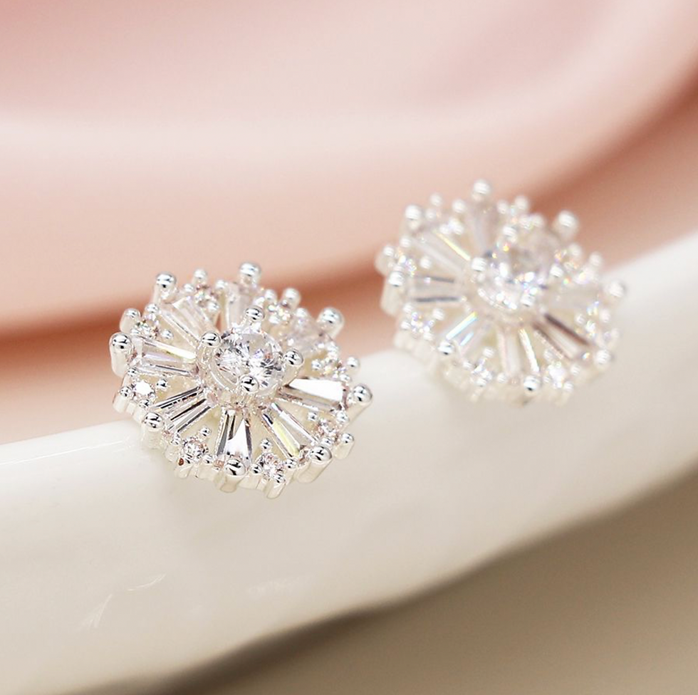 Close up of Silver plated multi point stud earrings with crystals