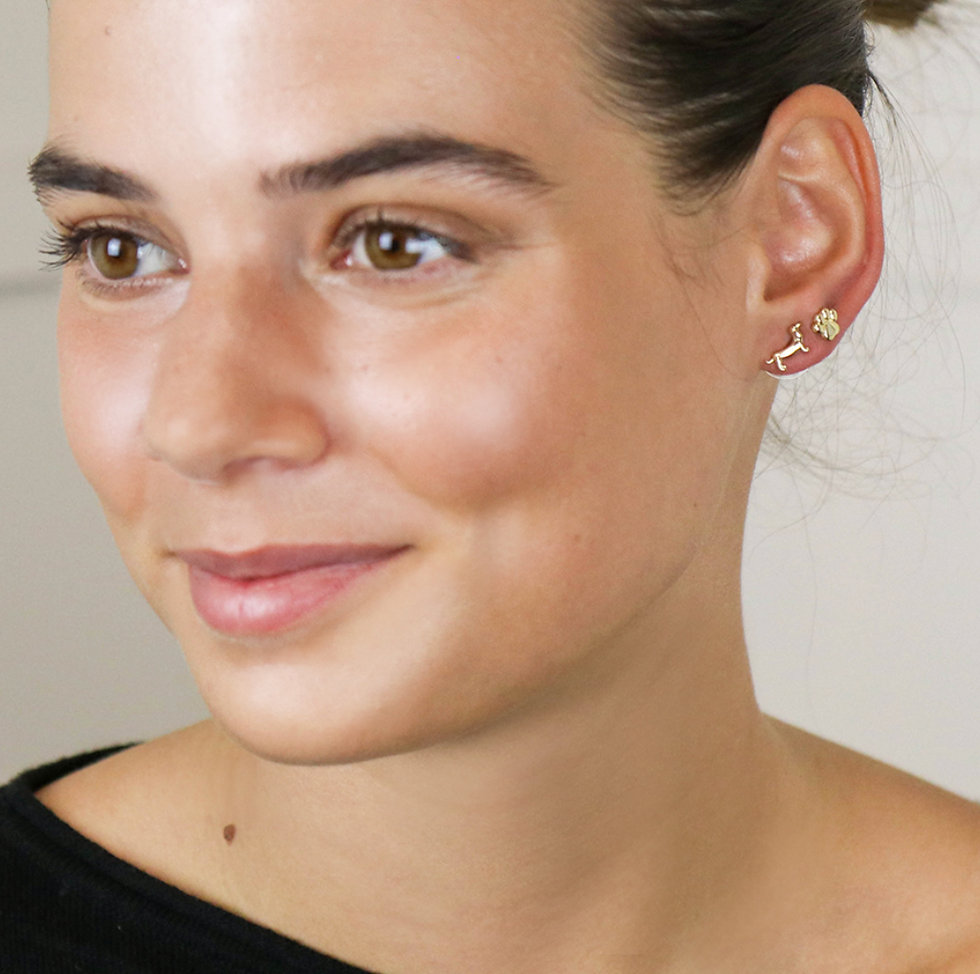 Lady wearing Faux gold and silver plated dogs and paws earring set