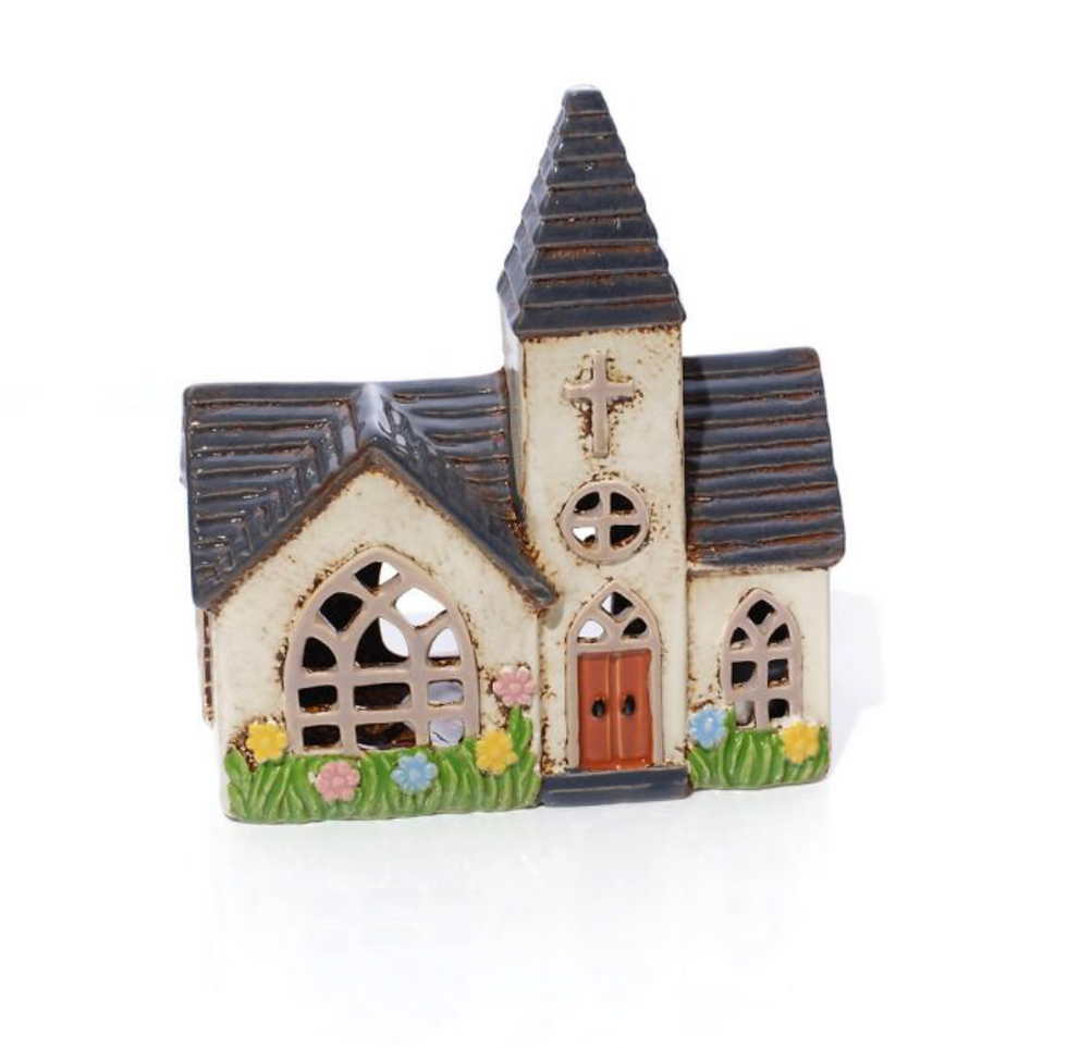 WEDDING STONEWARE CHURCH WITH FLOWERS AND EMBOSSED DETAIL CANDLE HOLDER