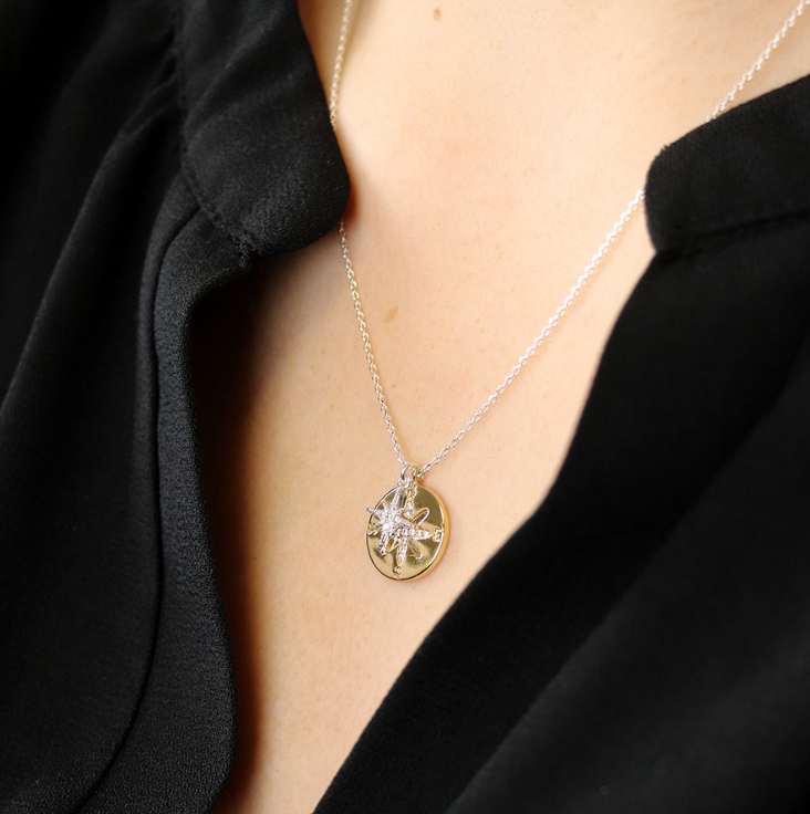 Faux gold and silver plated double charm nautical compass necklace with crystals