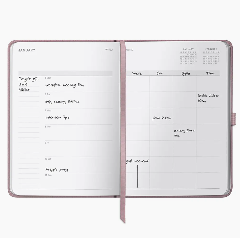 Inside pages of 2026 Pink A5 Family Diary Weekly Planner