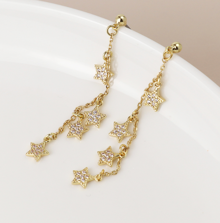 Golden fine chain and crystal star drop earrings
