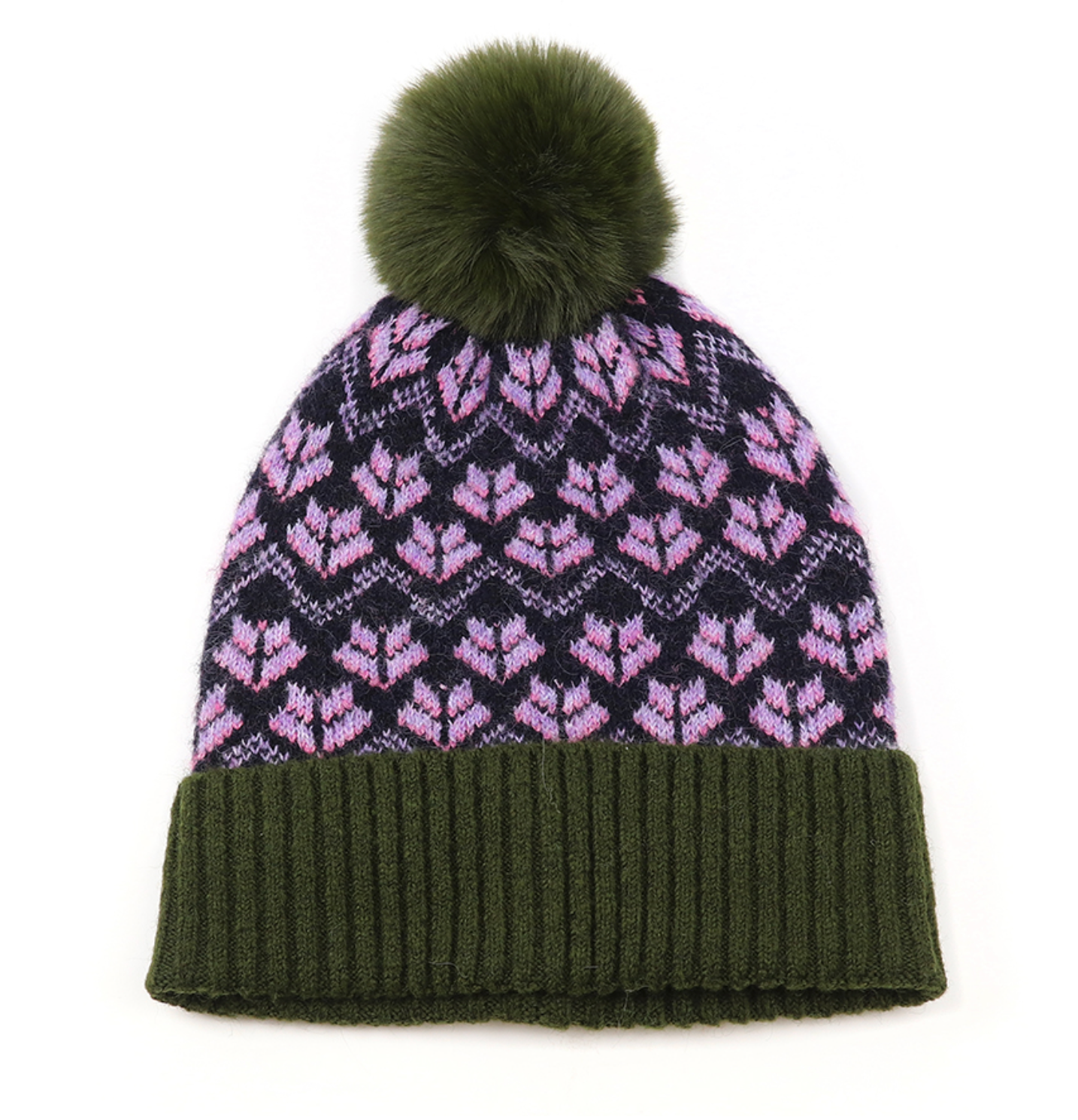 Recycled blend green & lilac mix scandi flower bobble hat