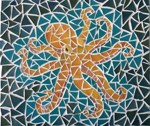 glass mosaic of an octopus splashing around in the water