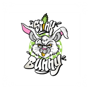 Grumpy cartoon bunny with the text "Stinky Bunny" in a playful design.