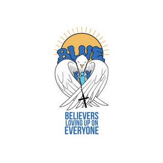 Blue design with angel, cross, sun, and text saying Believers Lifting up on Everyone.