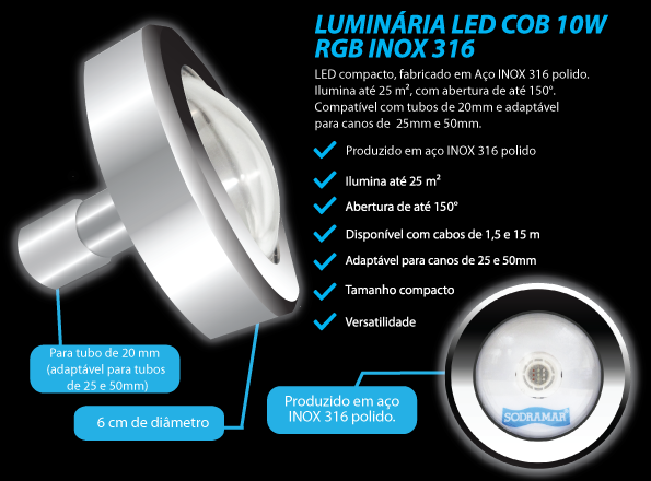 Miniatura: LED COB RGB 10W  7cm Aço Inox 316