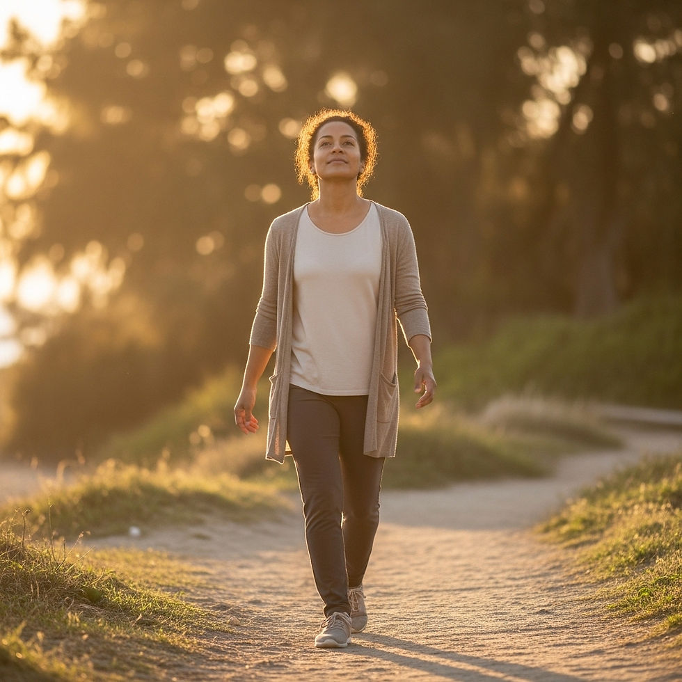 Persona latina caminando tranquilamente por un sendero natural al atardecer, simbolizando la autonomía y el equilibrio que surge al nutrir la vida más allá del plato.