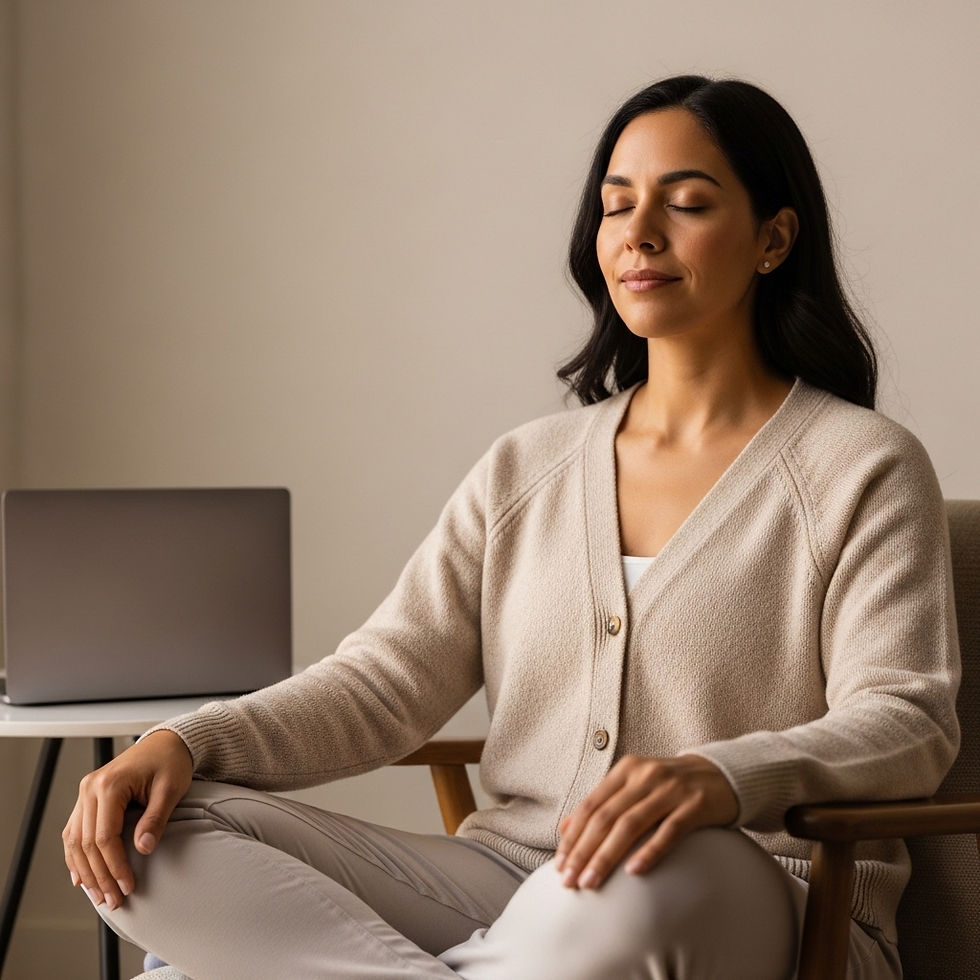 Persona realizando una micro-pausa de respiración consciente lejos de las pantallas, simbolizando el desplazamiento del estrés mediante la adición de momentos de presencia.