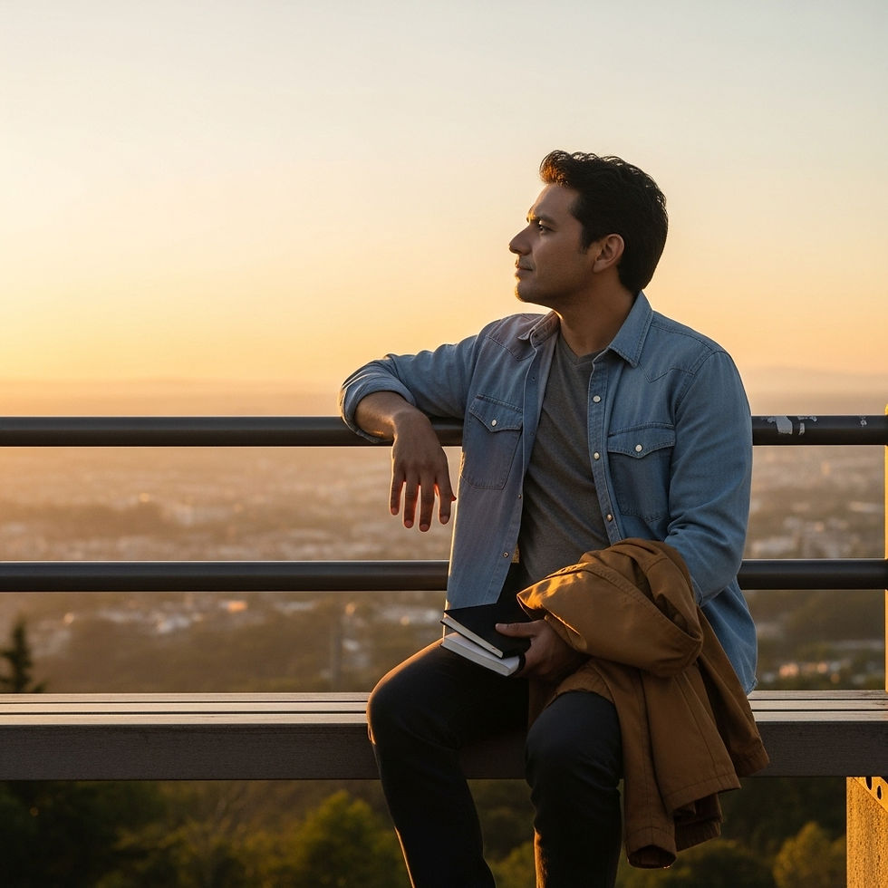 Adulto mirando el horizonte al atardecer con postura relajada, simbolizando posibilidad y autonomía para cambiar el ritmo de vida.