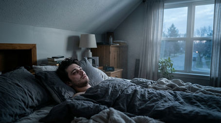 Persona en la cama al amanecer con expresión de agotamiento y pesadez física.