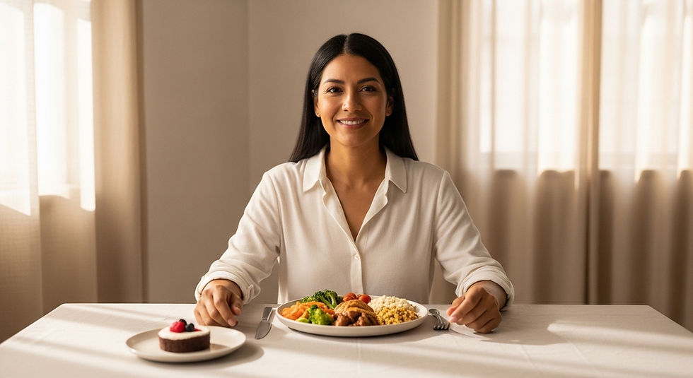 Adulto latino disfrutando una comida equilibrada con un pequeño postre, representando el enfoque 90/10 y la flexibilidad en hábitos saludables.