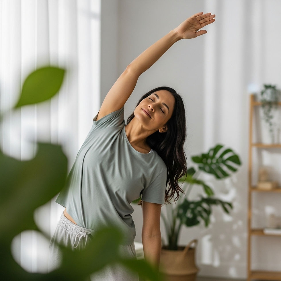 Adulto estirándose en su espacio de trabajo con expresión de alivio, simbolizando movimiento adaptado a la vida diaria sin rutinas extremas.