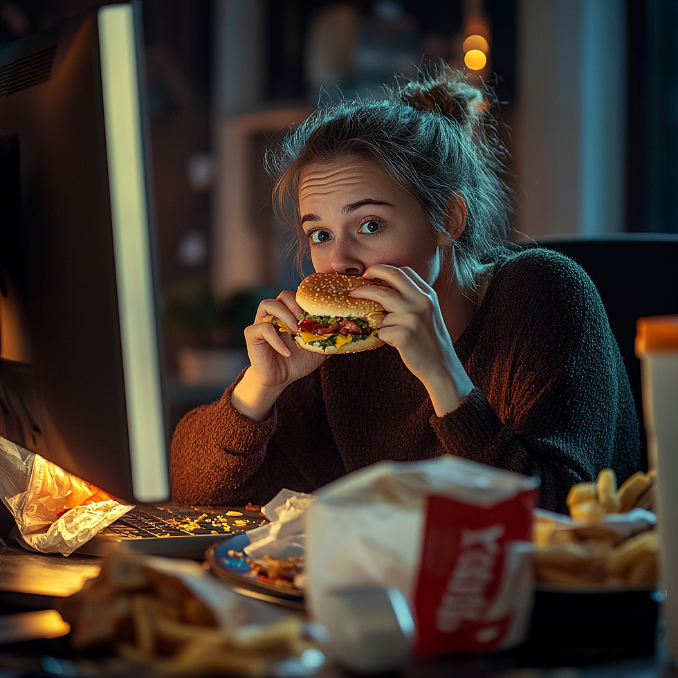Persona comiendo frente al computador sin prestar atención, ejemplo de alimentación inconsciente que roba energía.