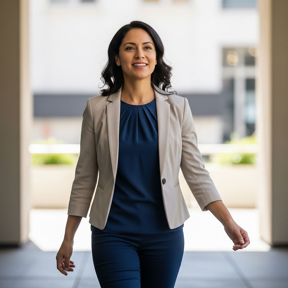 Profesional caminando brevemente después del almuerzo para mejorar digestión y mantener energía estable.