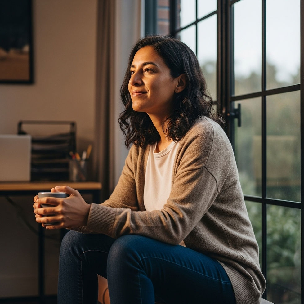 Adulto sentado junto a una ventana con una taza en las manos y expresión de calma, simbolizando el bienestar y la claridad que trae el descanso activo sostenido en el tiempo.
